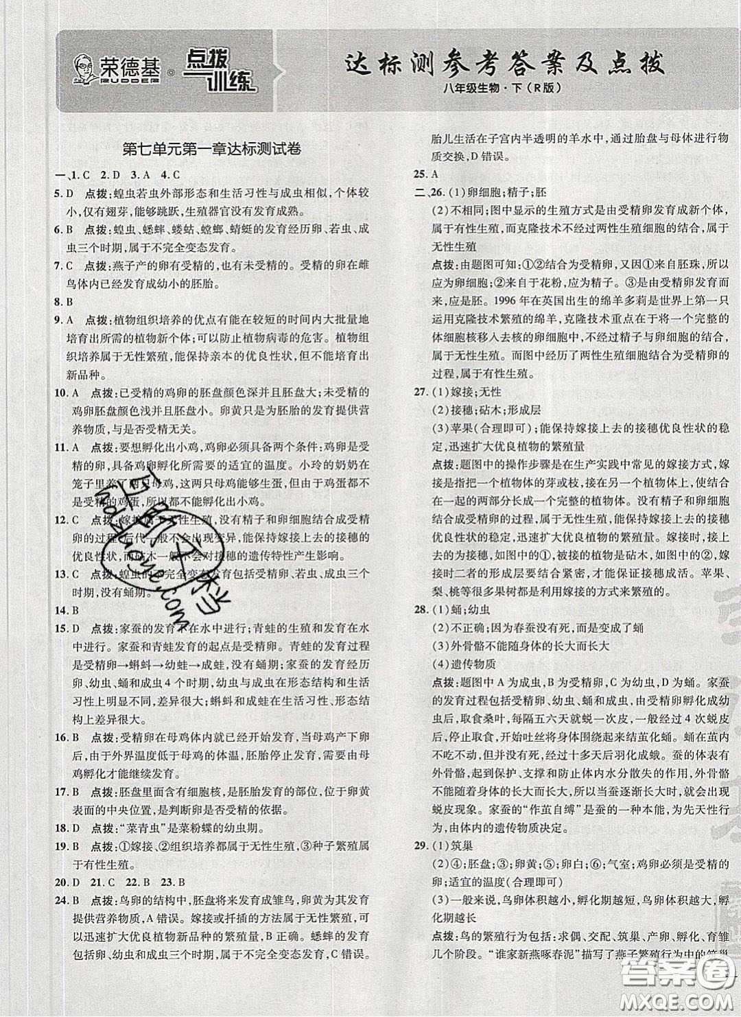 2020榮德基點(diǎn)撥訓(xùn)練八年級(jí)生物下冊(cè)人教版答案