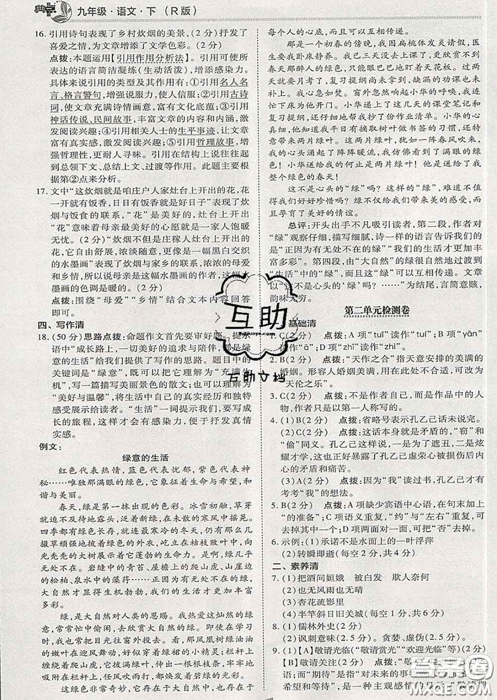 2020春綜合應(yīng)用創(chuàng)新題典中點九年級語文下冊人教版答案