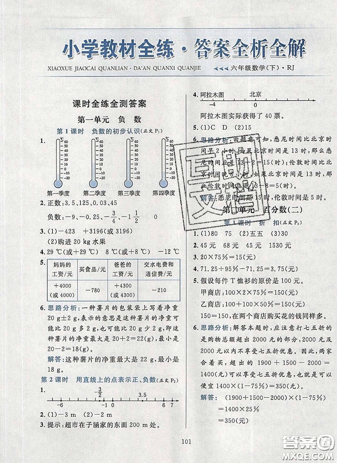 2020年小學(xué)教材全練六年級(jí)數(shù)學(xué)下冊(cè)人教版答案