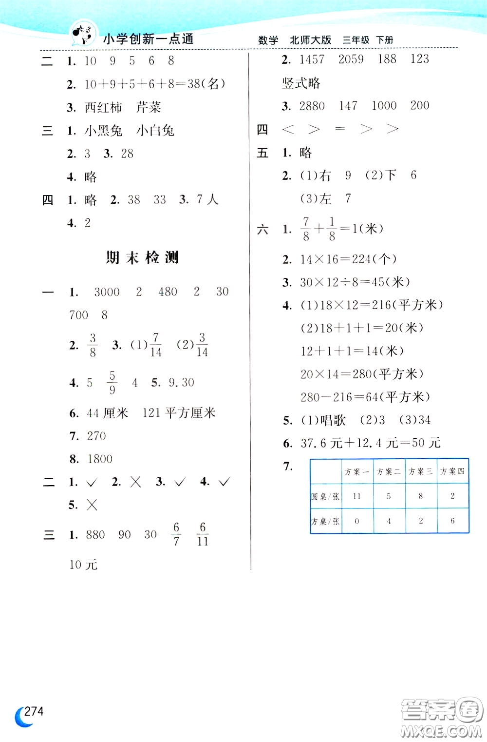 2020年小學(xué)創(chuàng)新一點(diǎn)通數(shù)學(xué)三年級(jí)下冊(cè)北師大版參考答案