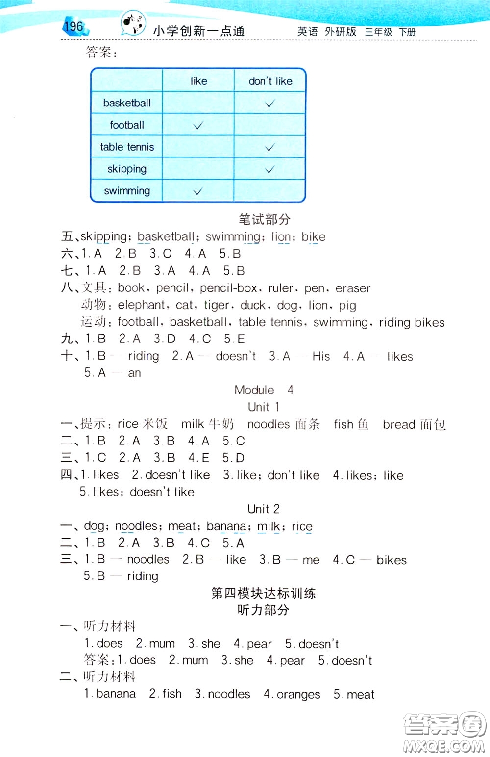 2020年小學(xué)創(chuàng)新一點(diǎn)通英語(yǔ)三年級(jí)下冊(cè)外研版參考答案