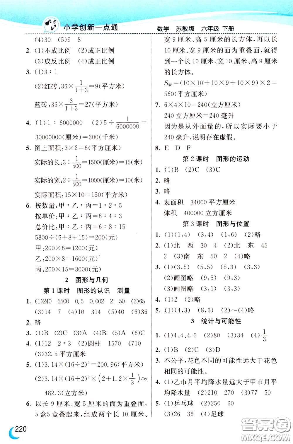 2020年小學創(chuàng)新一點通數學六年級下冊蘇教版參考答案