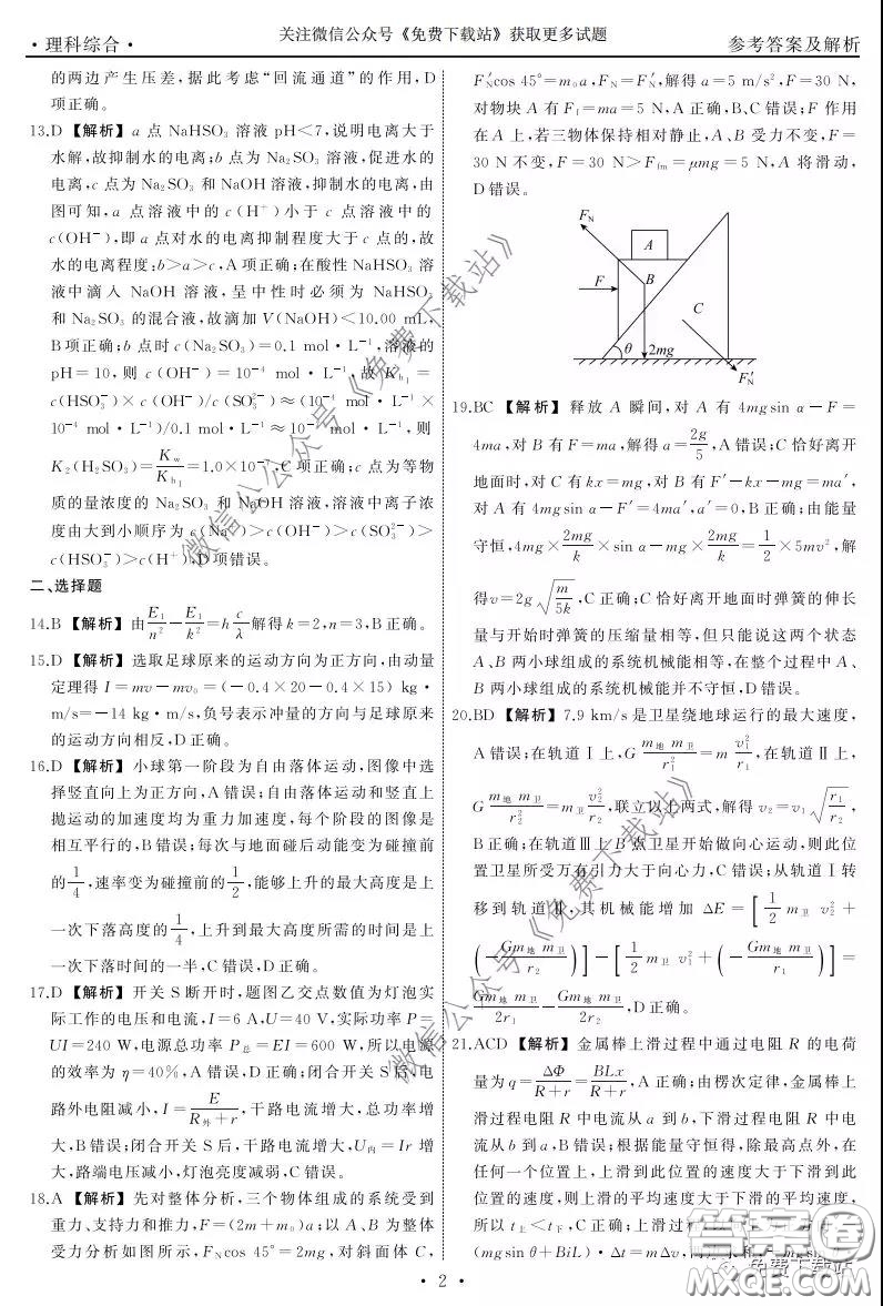 天舟文化2020年3月全國高三質(zhì)量檢測理科綜合答案