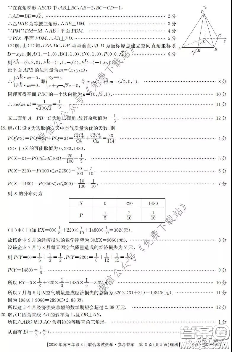 金太陽2020年高三年級3月聯(lián)合考試理科數(shù)學試題及答案