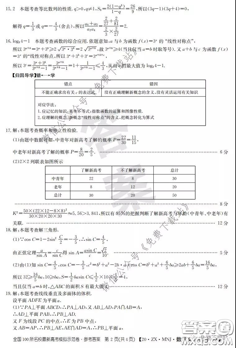 2020年全國100所名校最新高考模擬示范卷五文科數(shù)學(xué)答案