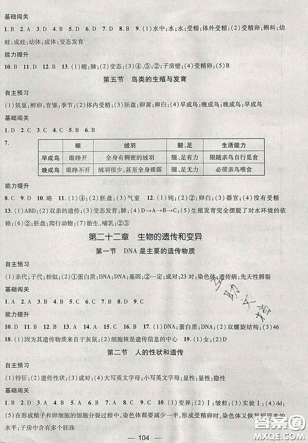 江西教育出版社2020春季名師測控八年級(jí)生物下冊(cè)蘇教版答案