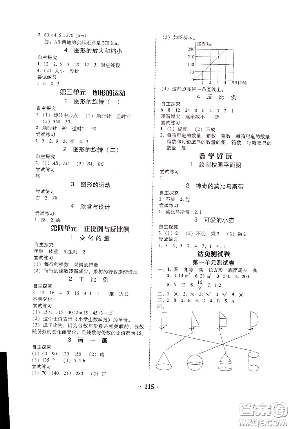 2020年課時(shí)學(xué)練測(cè)學(xué)生用書數(shù)學(xué)六年級(jí)下冊(cè)北師大版參考答案