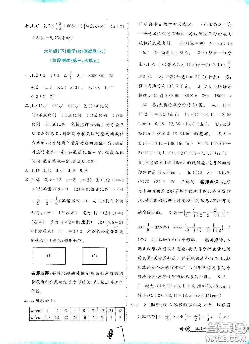 孟建平系列叢書2020年小學(xué)單元測試數(shù)學(xué)六年級下冊R人教版參考答案