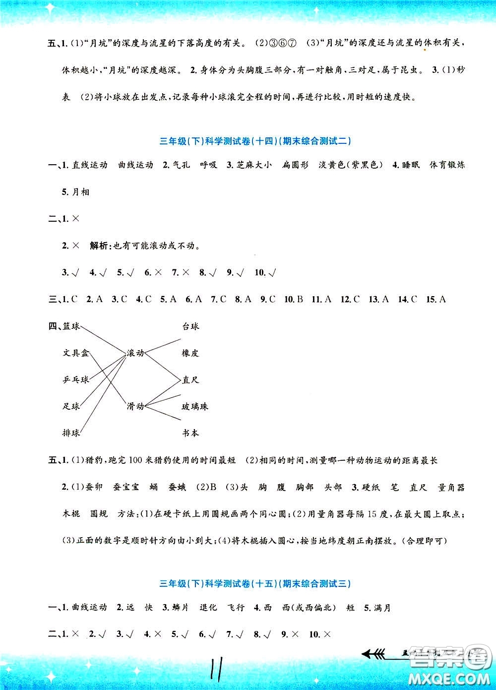 孟建平系列叢書2020年小學單元測試科學三年級下冊J教科版參考答案