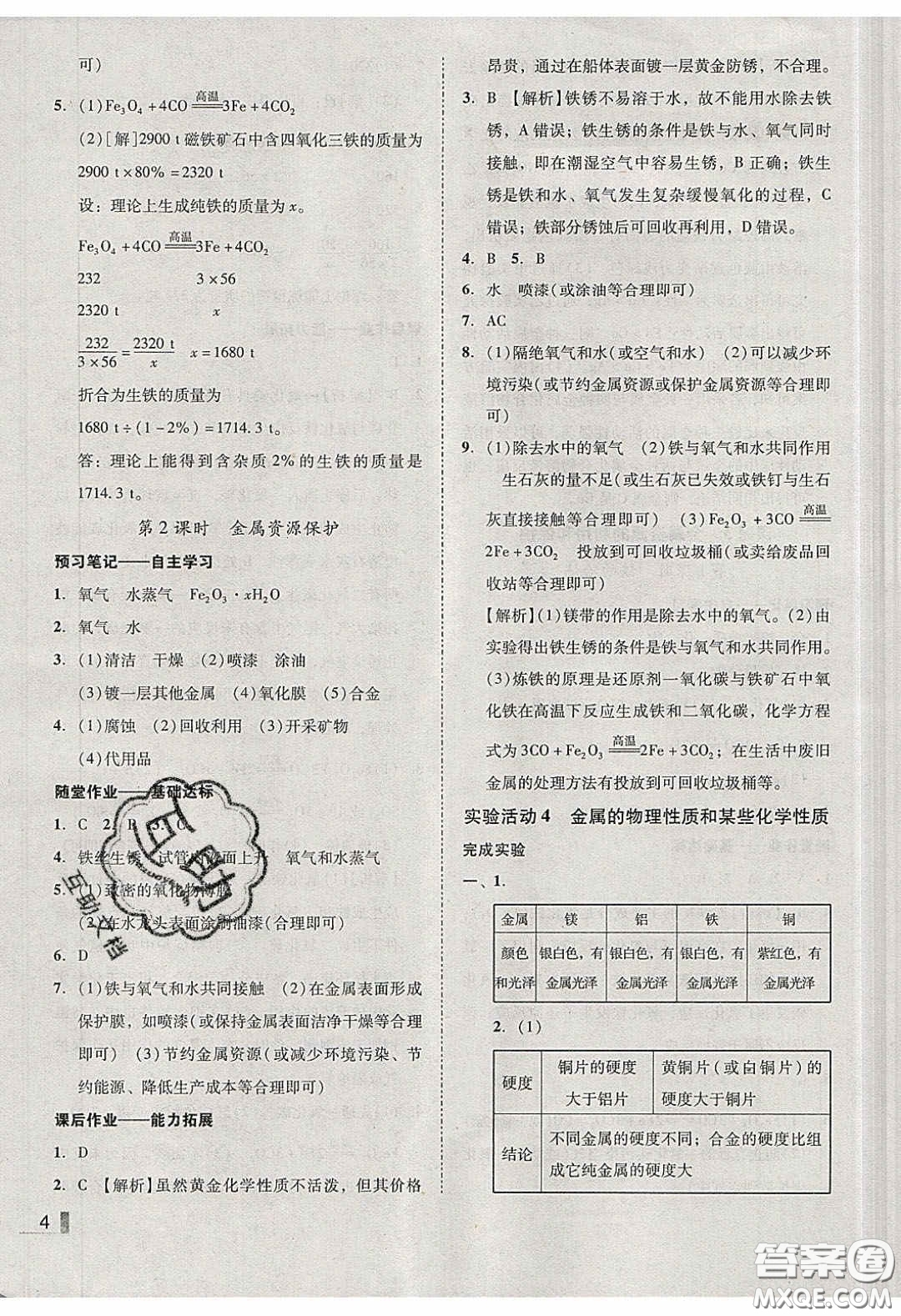 2020年遼寧作業(yè)分層培優(yōu)學(xué)案九年級(jí)化學(xué)下冊(cè)人教版答案