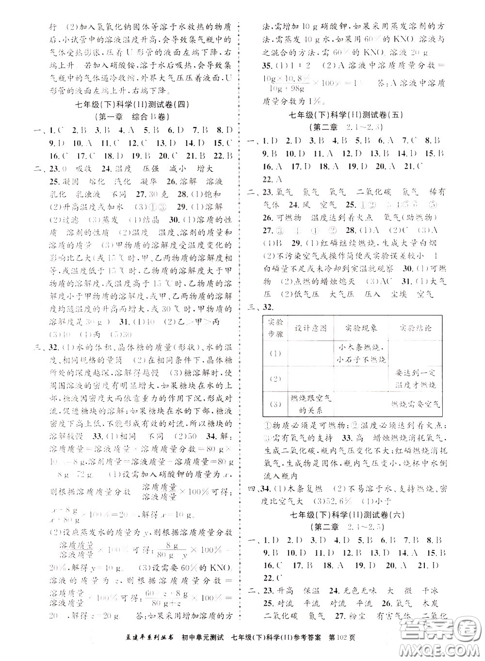 孟建平系列叢書2020年初中單元測試科學(xué)七年級下冊H滬教版參考答案