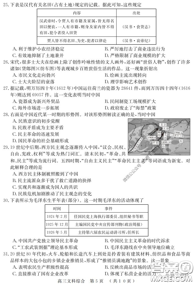 河南六市2020屆高三年級(jí)3月聯(lián)合檢測(cè)文科綜合試題及答案