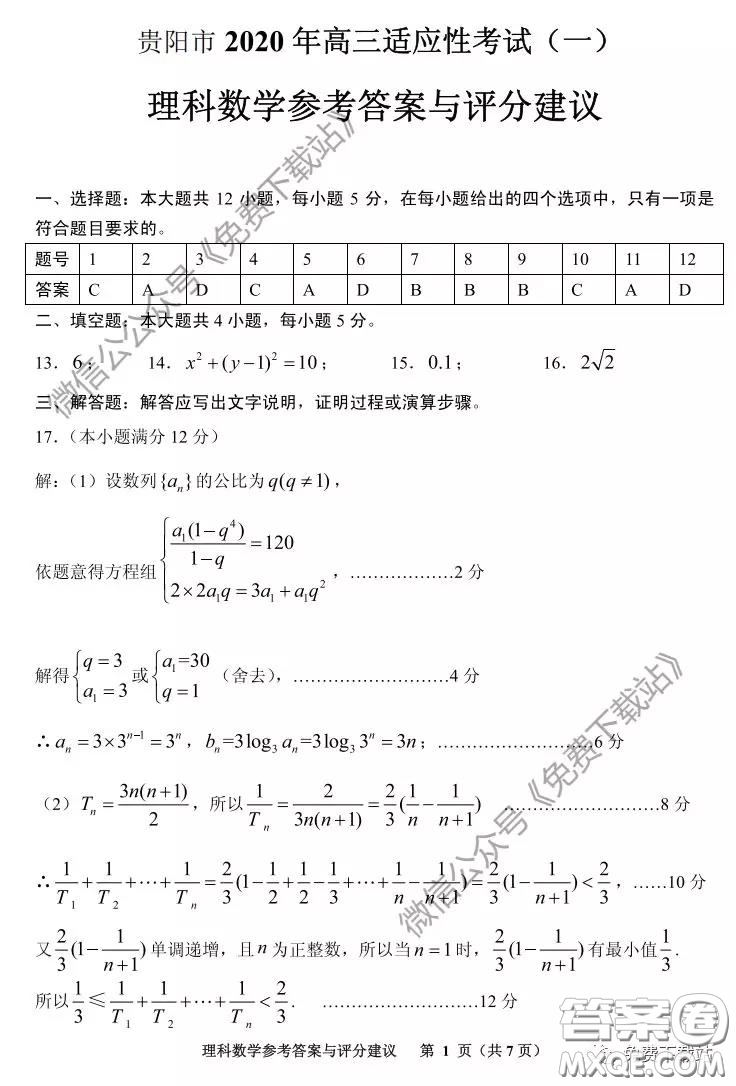 貴陽(yáng)市2020年高考適應(yīng)性考試一理科數(shù)學(xué)試題及答案