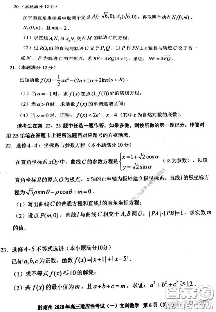 貴陽(yáng)市2020年高考適應(yīng)性考試一文科數(shù)學(xué)試題及答案