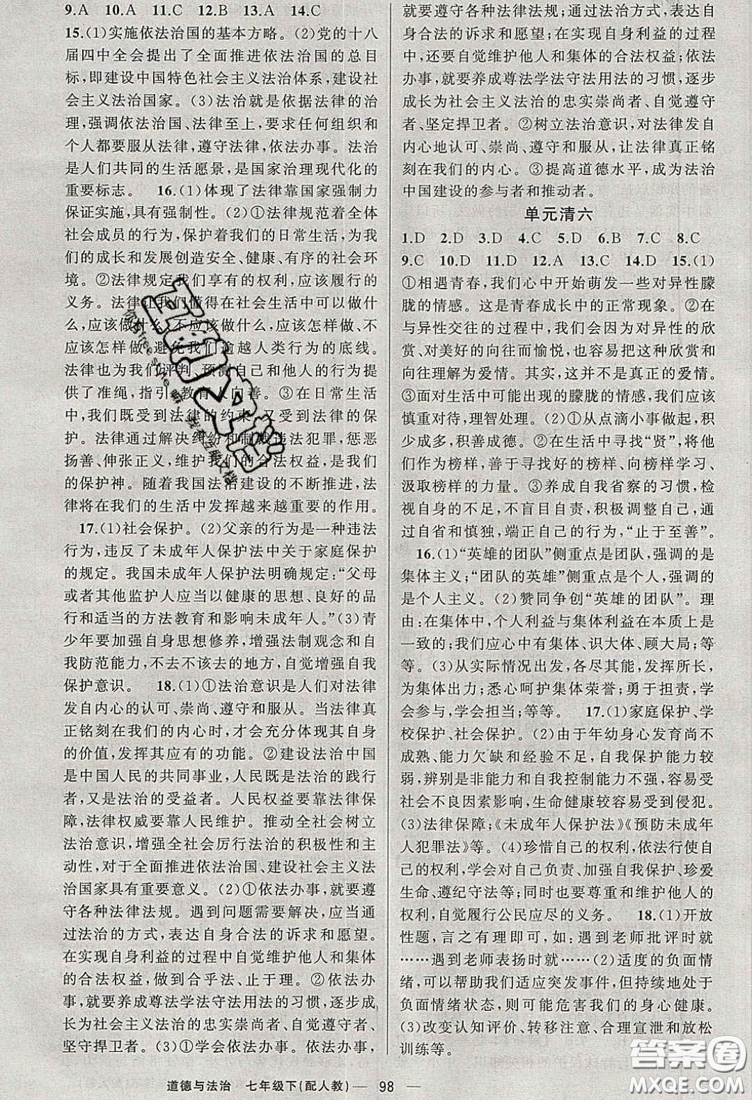 獵豹圖書2020年四清導(dǎo)航七年級(jí)道德與法治下冊(cè)人教版答案