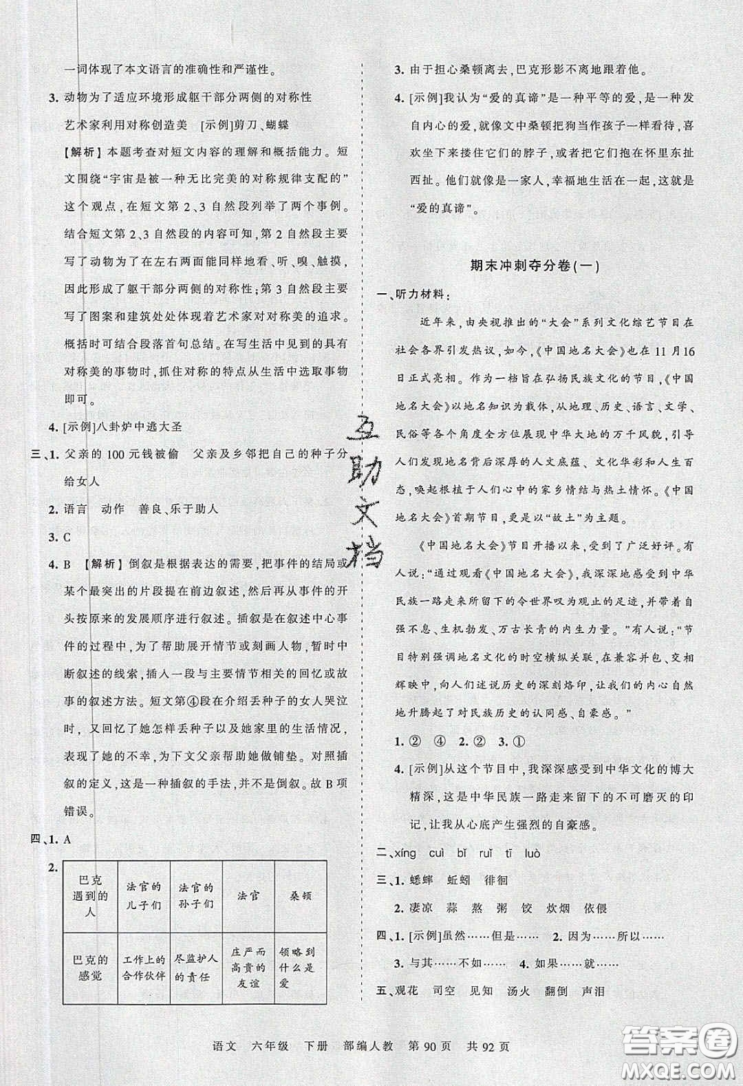 2020年王朝霞考點梳理時習(xí)卷六年級語文下冊人教版答案