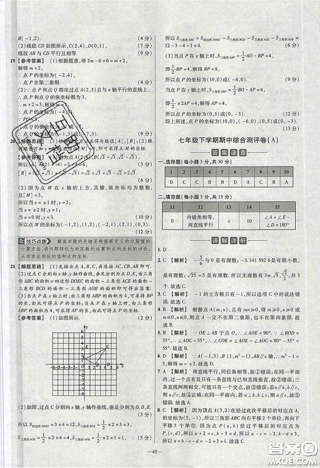 2020年金考卷活頁(yè)題選名師名題單元雙測(cè)七年級(jí)數(shù)學(xué)下冊(cè)人教版答案