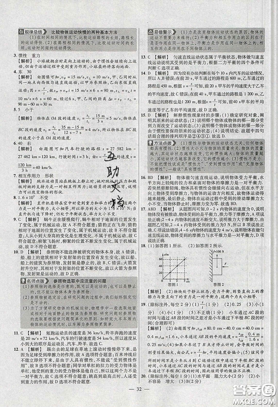 2020年金考卷活頁題選名師名題單元雙測八年級物理下冊滬粵版答案