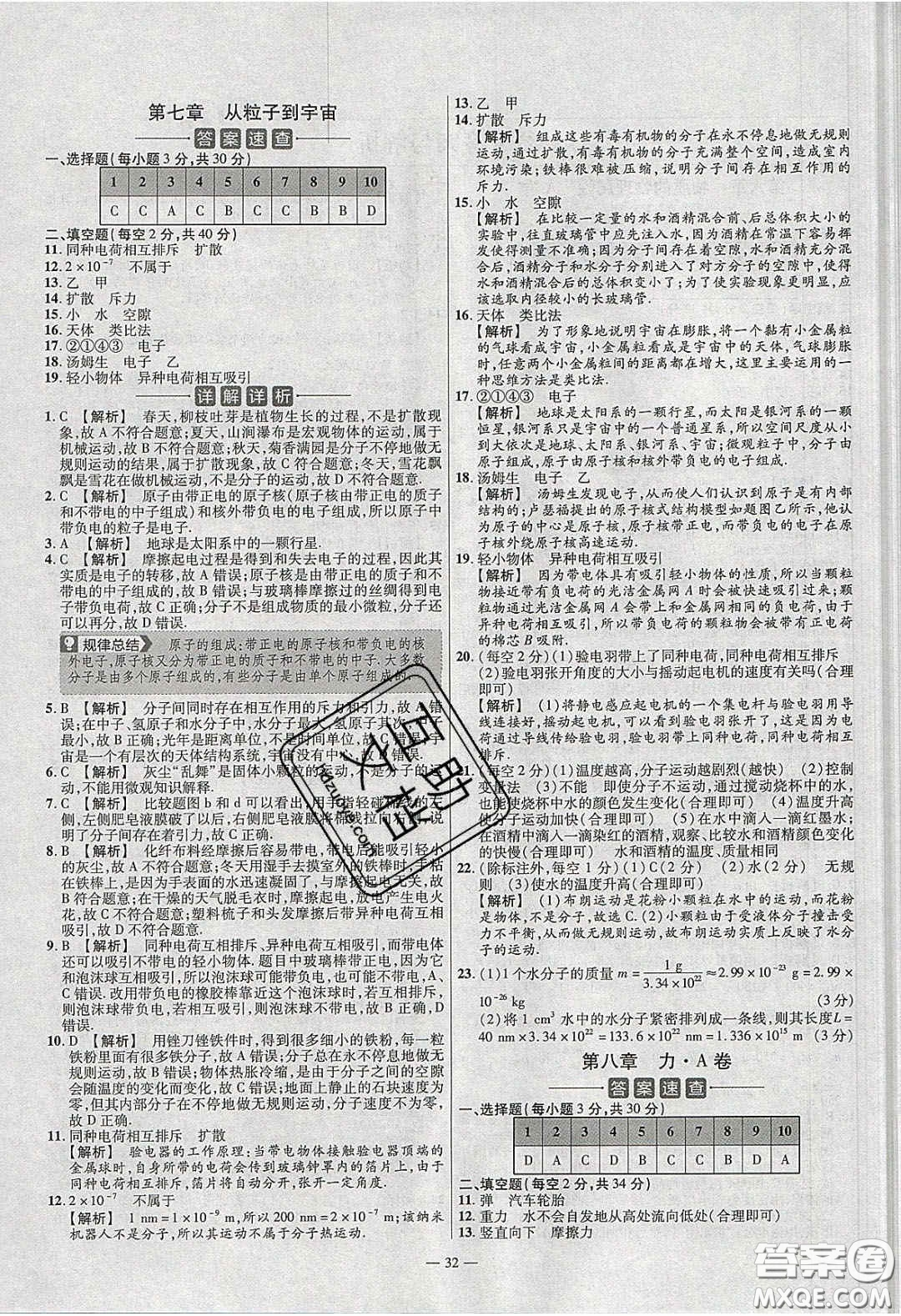 2020年金考卷活頁題選名師名題單元雙測八年級物理下冊蘇科版答案