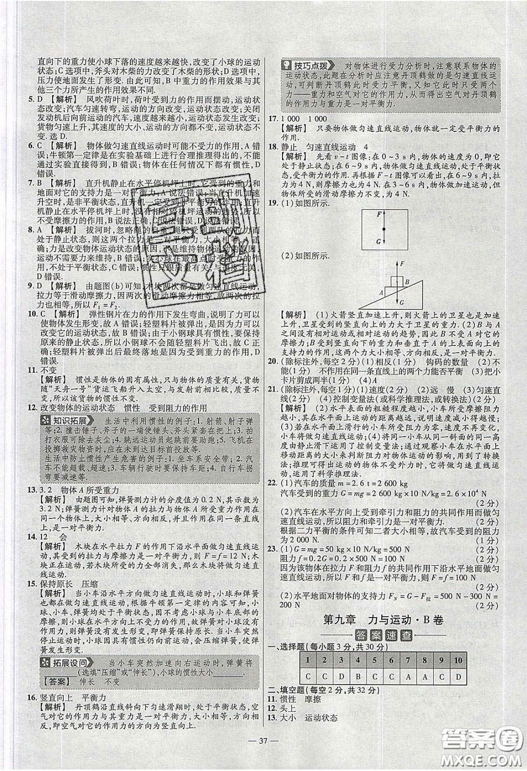 2020年金考卷活頁題選名師名題單元雙測八年級物理下冊蘇科版答案