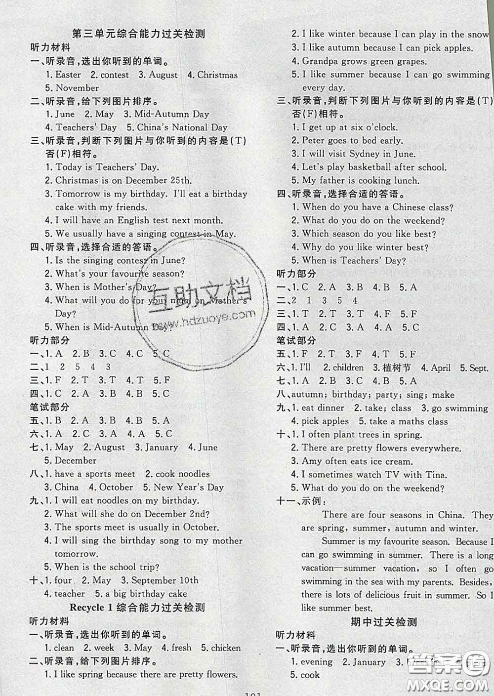 2020新版課時(shí)特訓(xùn)優(yōu)化作業(yè)本五年級(jí)英語下冊(cè)人教版答案