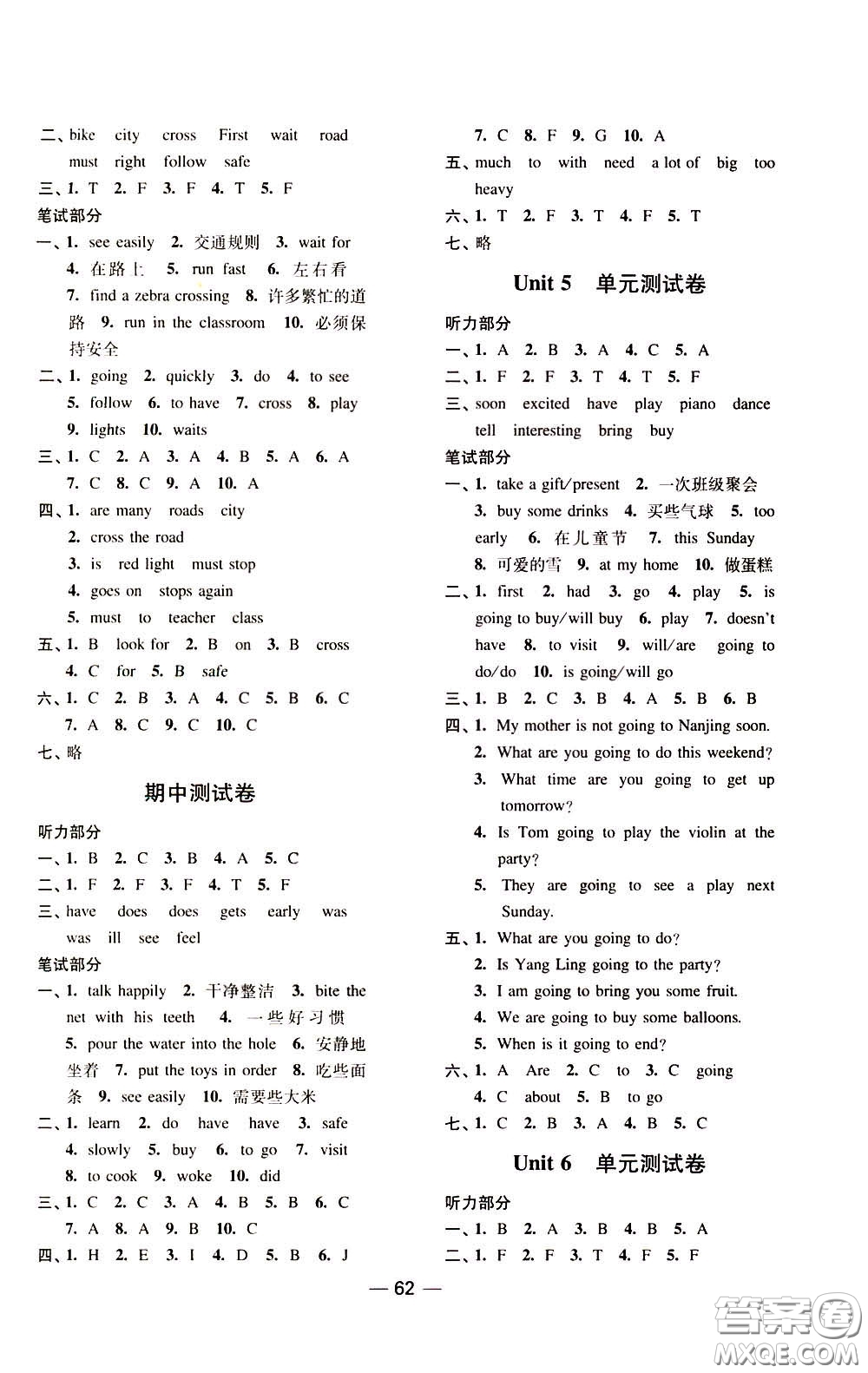 2020年隨堂練1加2課課練單元卷英語(yǔ)六年級(jí)下冊(cè)江蘇版參考答案