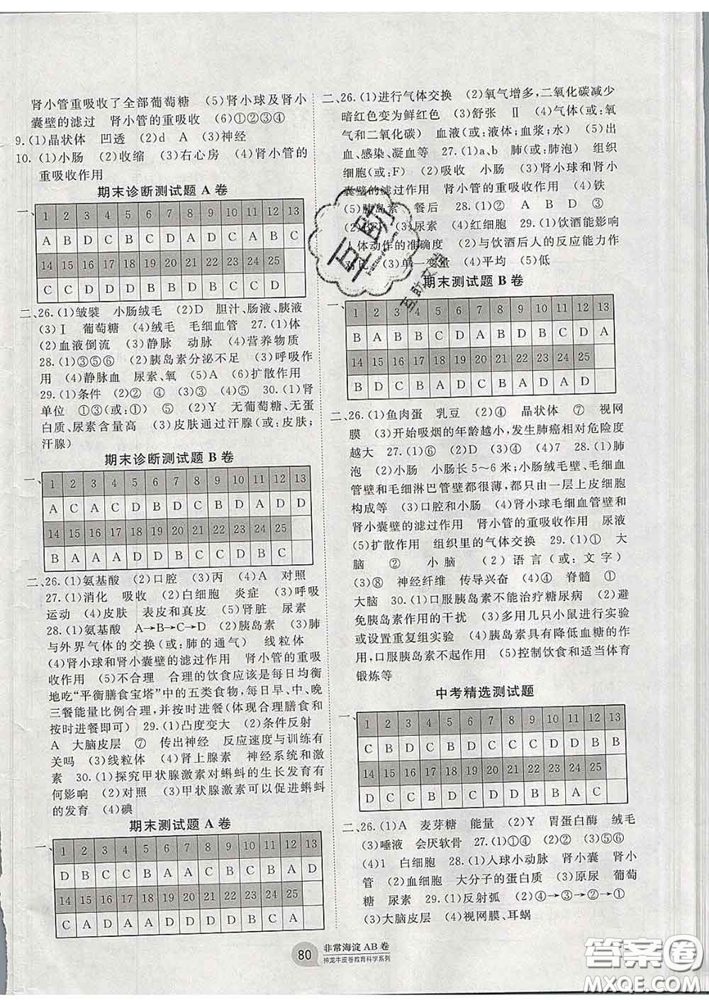 2020新版非常海淀單元測(cè)試AB卷七年級(jí)生物下冊(cè)蘇教版答案