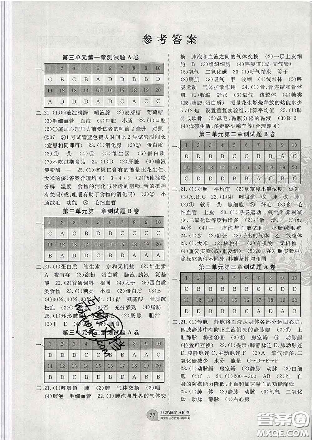 2020新版非常海淀單元測(cè)試AB卷七年級(jí)生物下冊(cè)濟(jì)南版答案