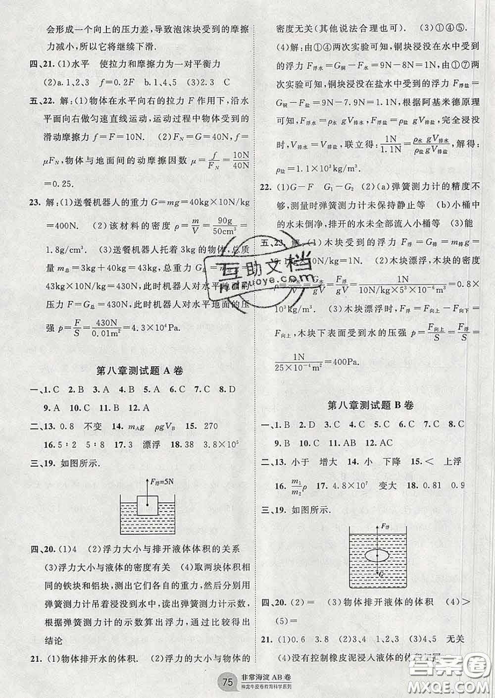 2020新版非常海淀單元測(cè)試AB卷八年級(jí)物理下冊(cè)魯科版答案