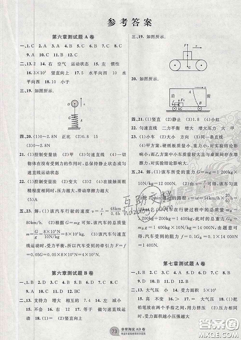 2020新版非常海淀單元測(cè)試AB卷八年級(jí)物理下冊(cè)魯科版答案