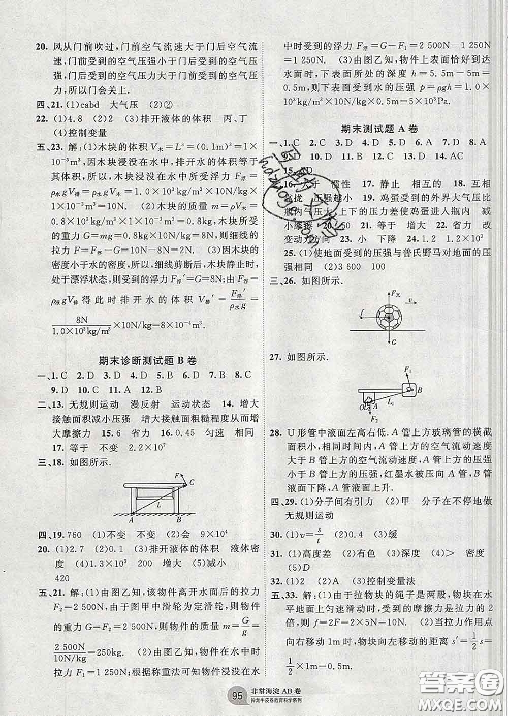 2020新版非常海淀單元測試AB卷八年級物理下冊滬粵版答案