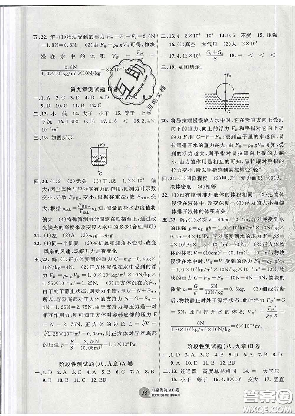 2020新版非常海淀單元測試AB卷八年級物理下冊滬粵版答案