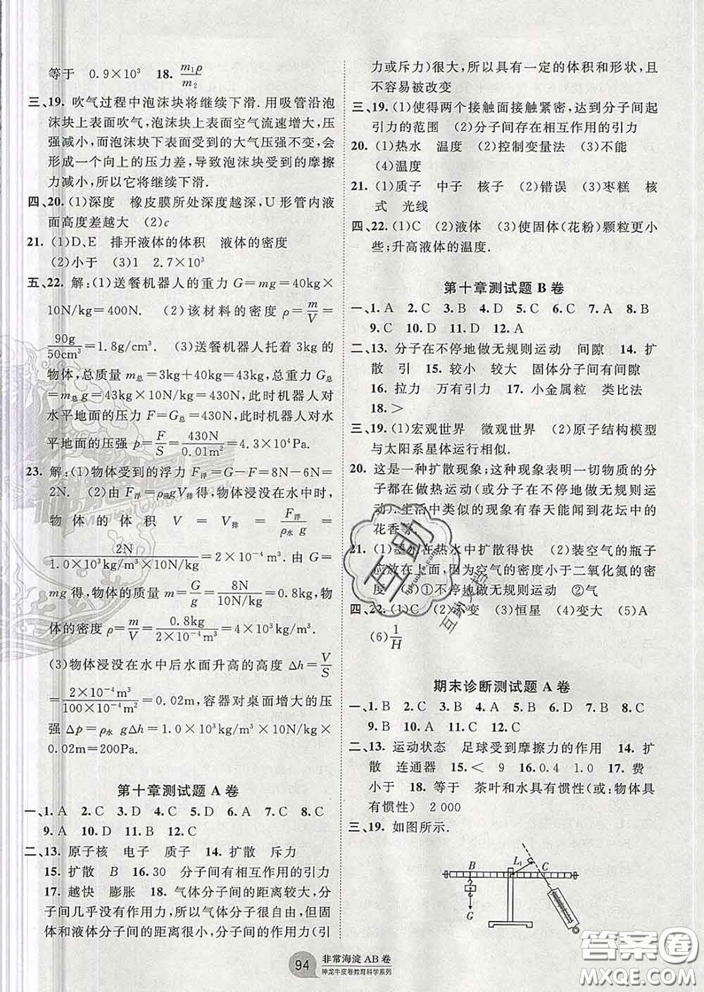 2020新版非常海淀單元測試AB卷八年級物理下冊滬粵版答案