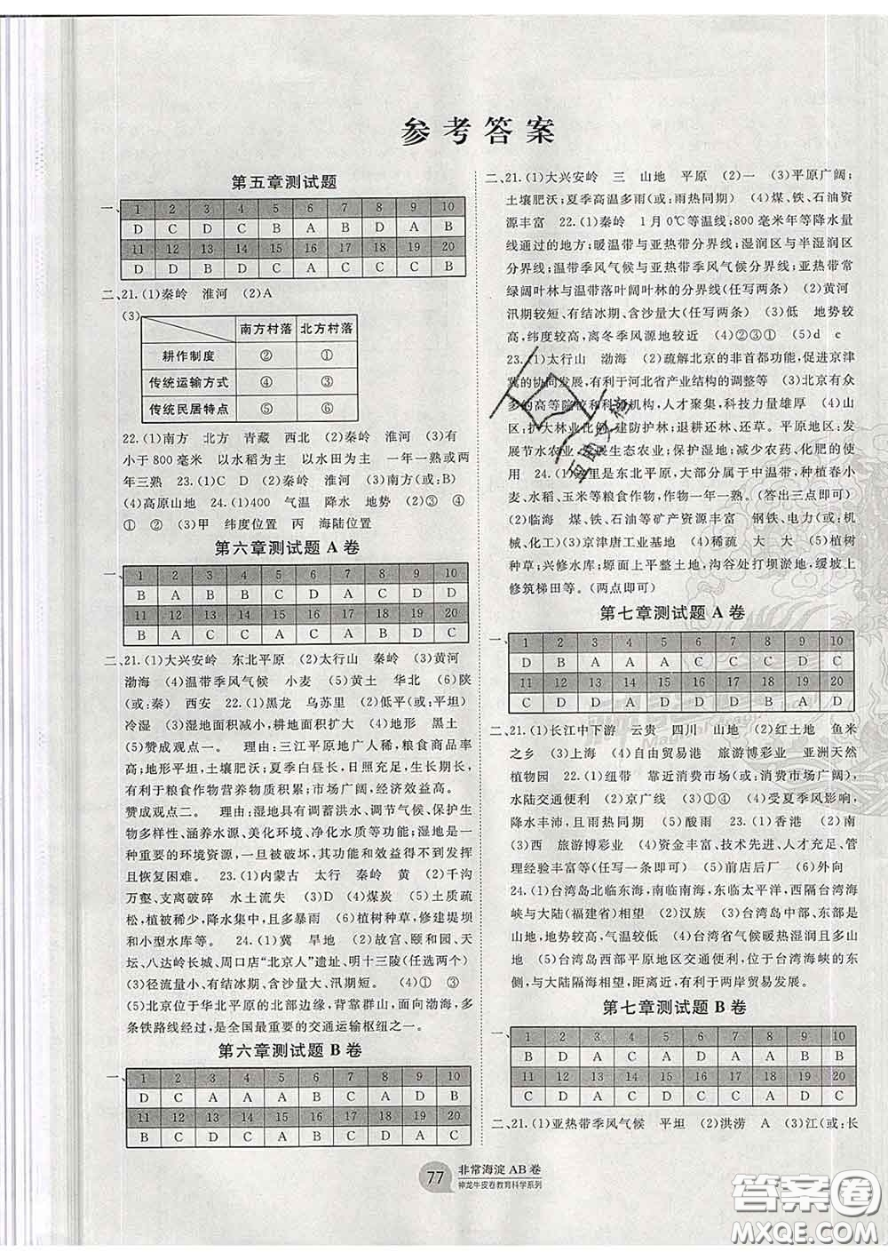 2020新版非常海淀單元測(cè)試AB卷八年級(jí)地理下冊(cè)商務(wù)星球版答案