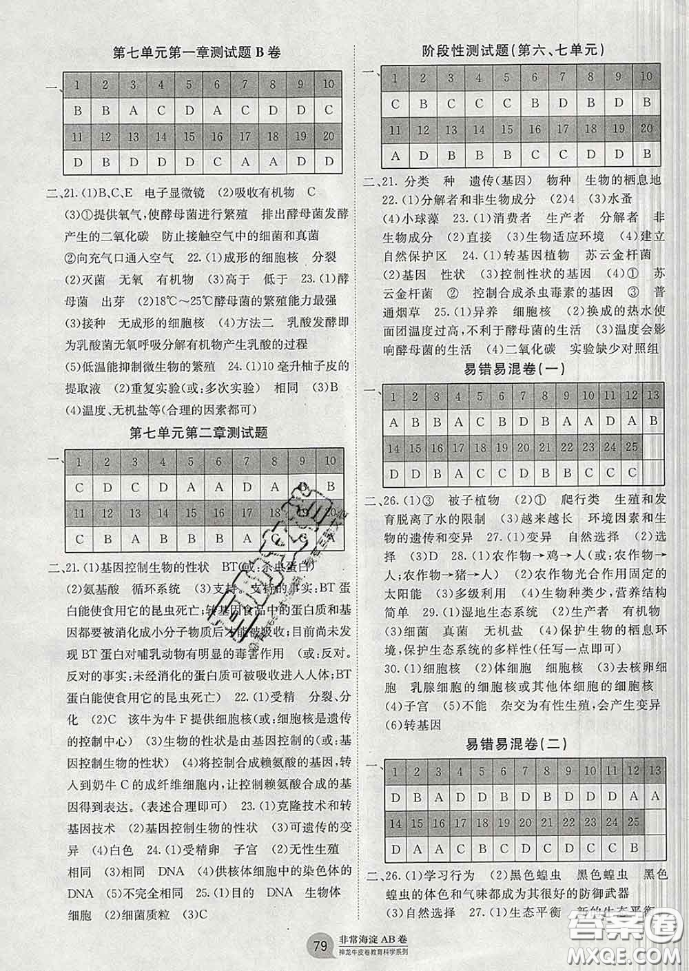 2020新版非常海淀單元測試AB卷八年級生物下冊濟南版答案