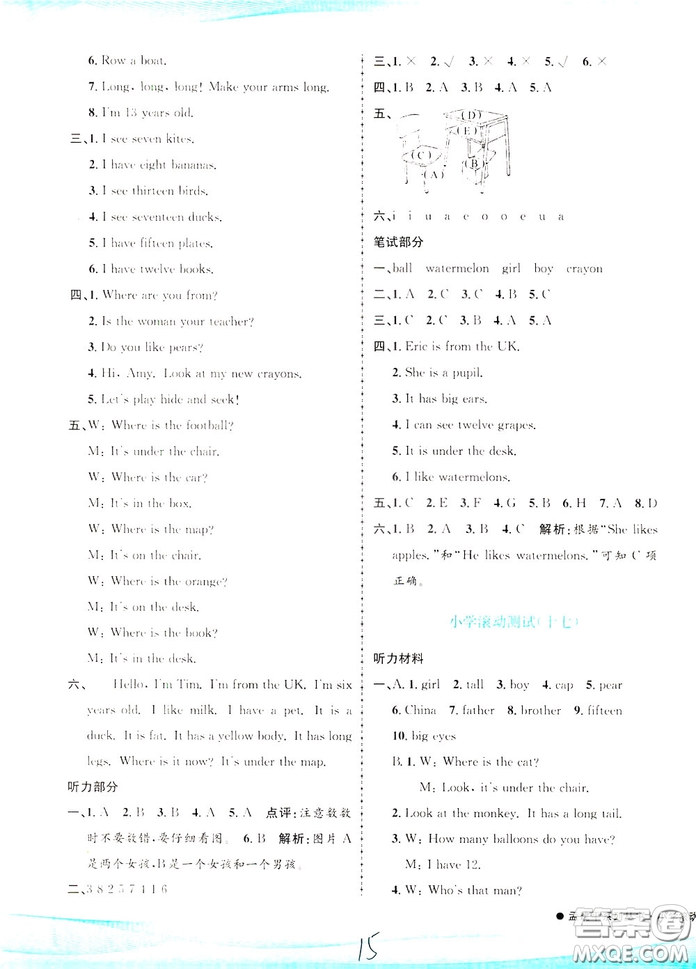 孟建平系列叢書2020年小學滾動測試英語三年級下冊R人教版參考答案