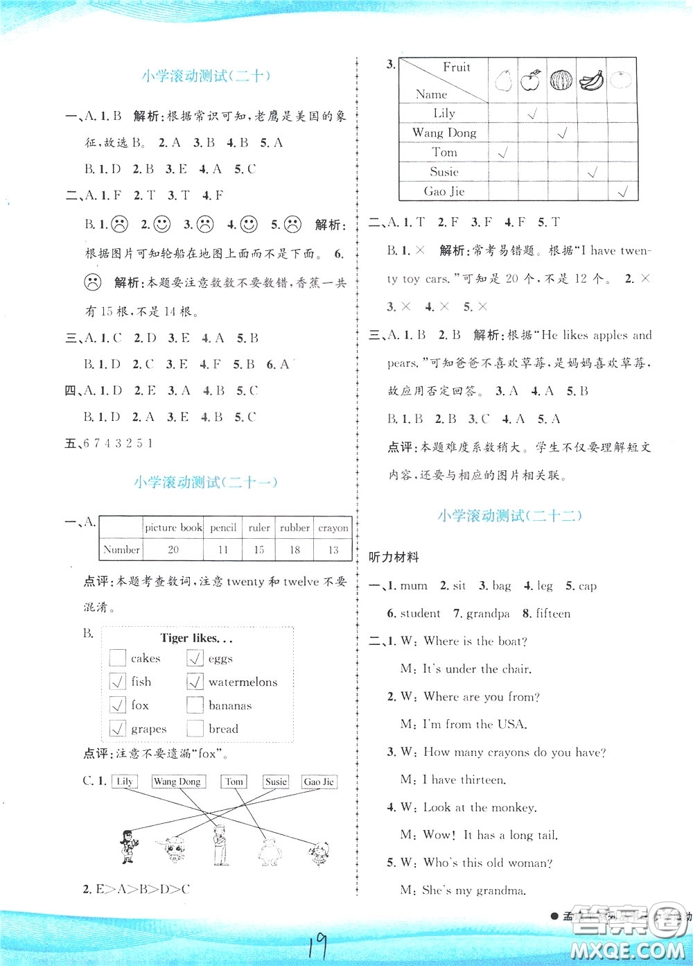 孟建平系列叢書2020年小學滾動測試英語三年級下冊R人教版參考答案