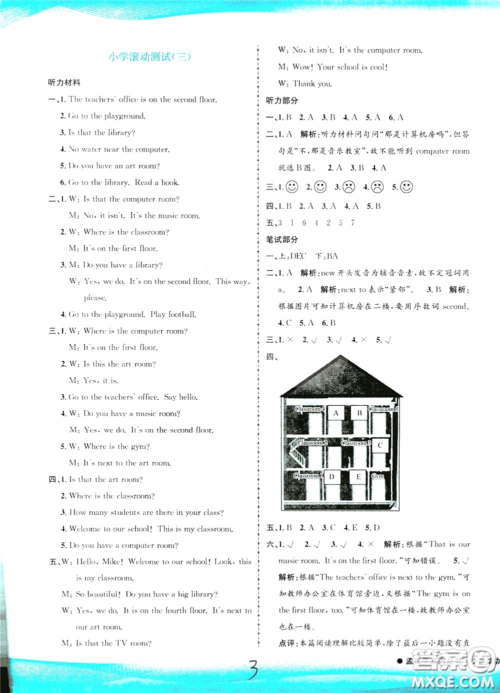 孟建平系列叢書2020年小學(xué)滾動測試英語四年級下冊R人教版參考答案