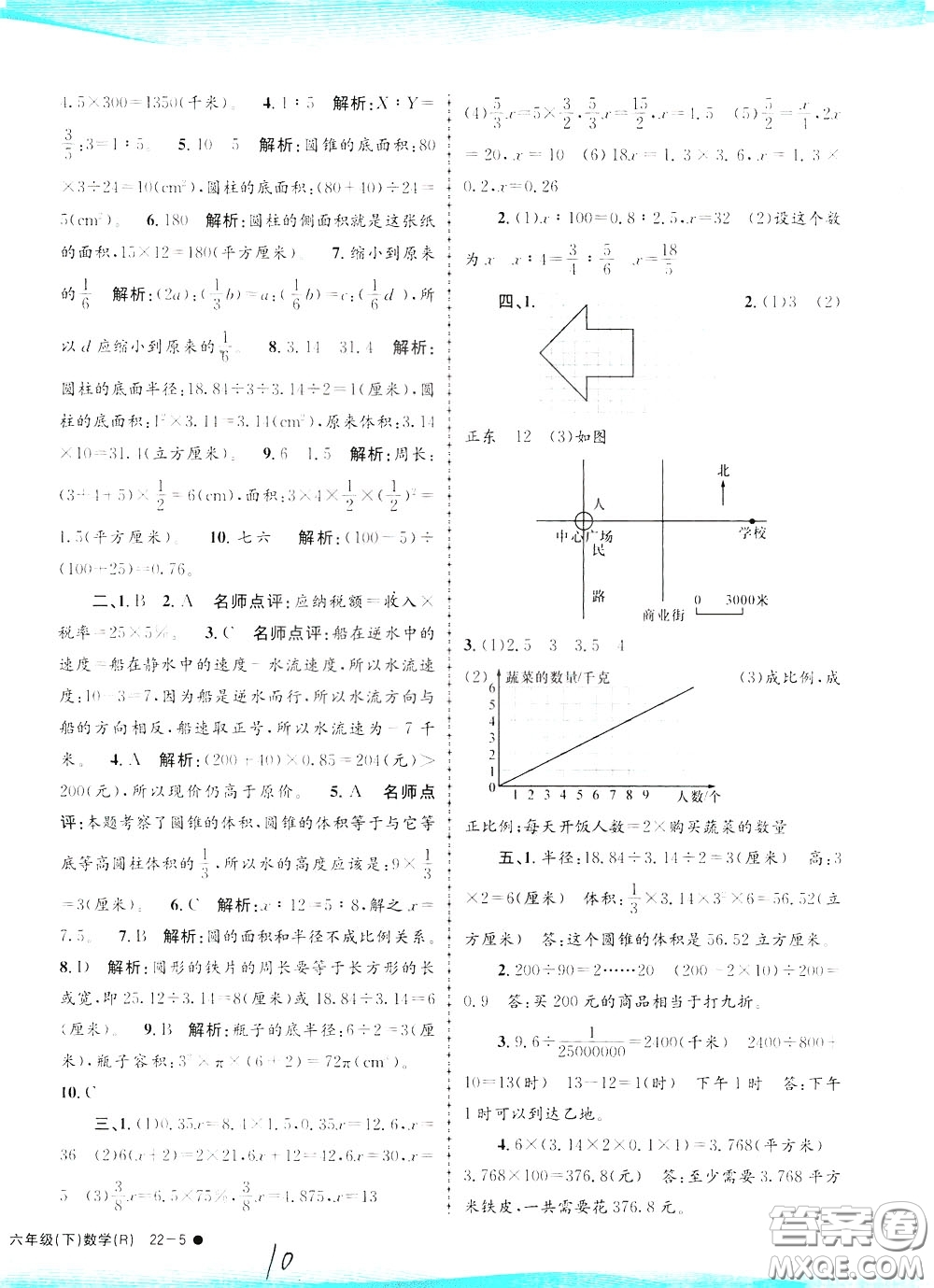 孟建平系列叢書2020年小學滾動測試數學六年級下冊R人教版參考答案