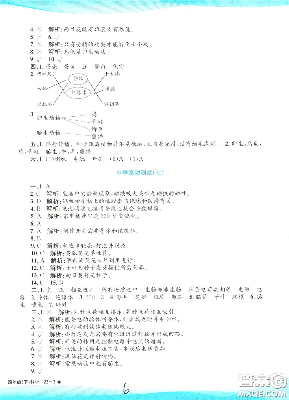 孟建平系列叢書2020年小學(xué)滾動測試科學(xué)四年級下冊J教科版參考答案