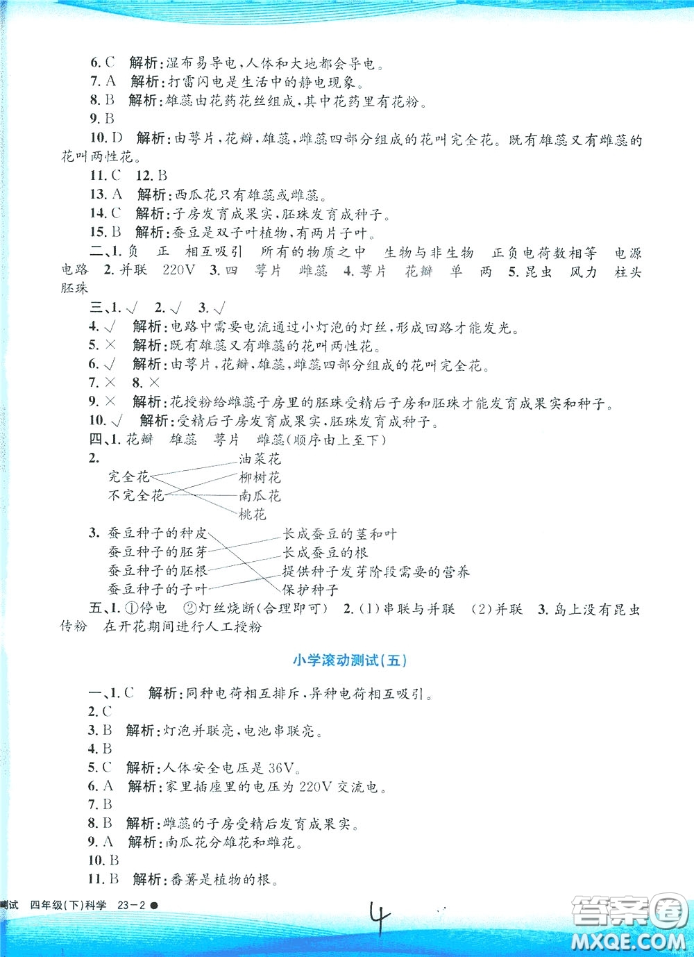 孟建平系列叢書2020年小學(xué)滾動測試科學(xué)四年級下冊J教科版參考答案