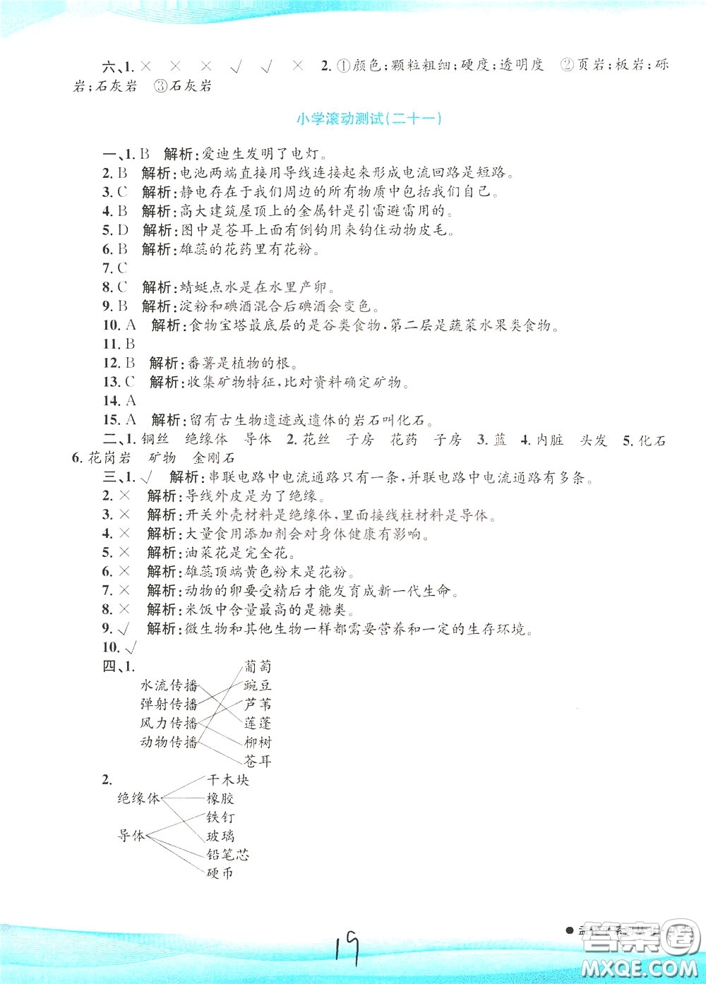 孟建平系列叢書2020年小學(xué)滾動測試科學(xué)四年級下冊J教科版參考答案