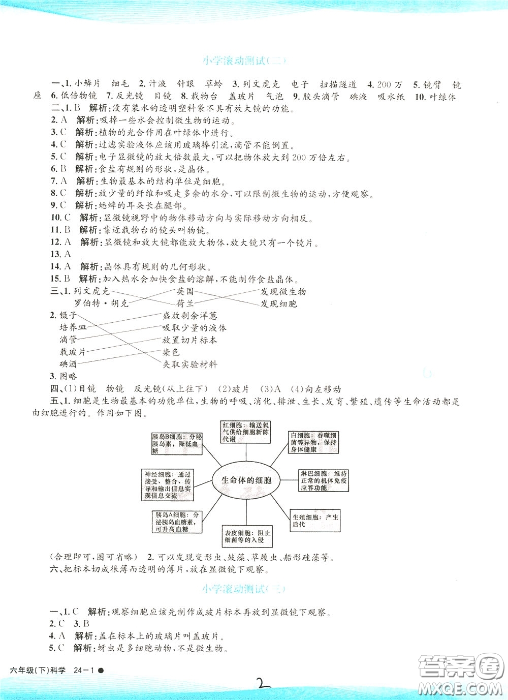 孟建平系列叢書2020年小學(xué)滾動測試科學(xué)六年級下冊J教科版參考答案