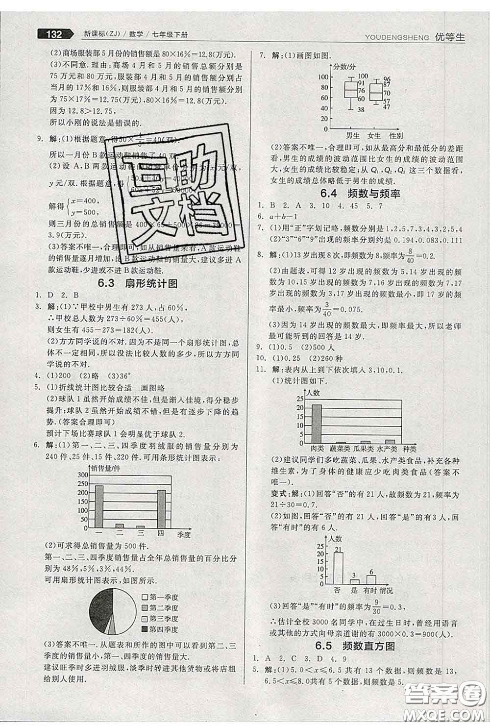 陽(yáng)光出版社2020春全品優(yōu)等生七年級(jí)數(shù)學(xué)下冊(cè)浙教版答案