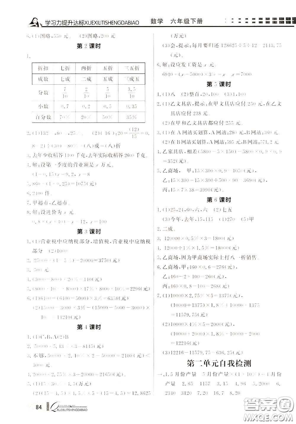 花山小狀元2020年學(xué)習(xí)力提升達(dá)標(biāo)數(shù)學(xué)六年級(jí)下冊(cè)參考答案