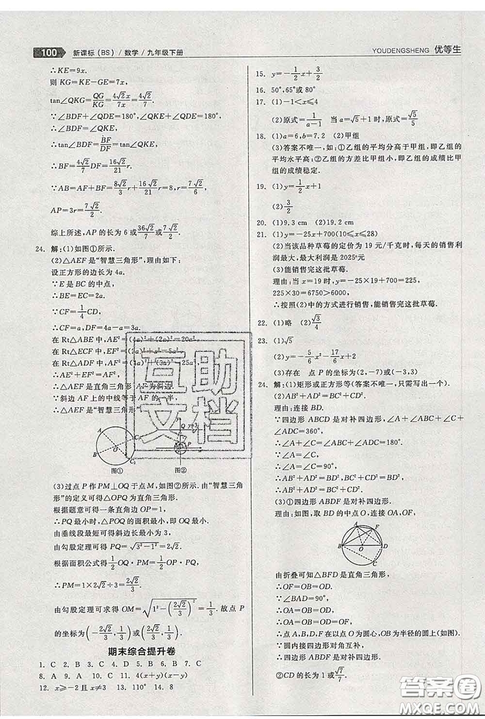 陽(yáng)光出版社2020春全品優(yōu)等生九年級(jí)數(shù)學(xué)下冊(cè)北師版答案