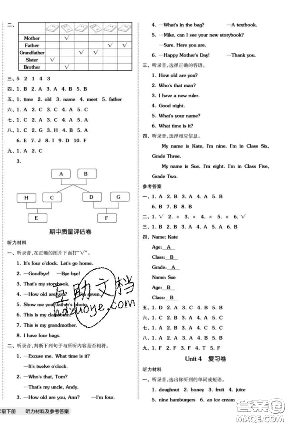 陽光出版社2020新版全品小復(fù)習(xí)三年級(jí)英語下冊精通版答案