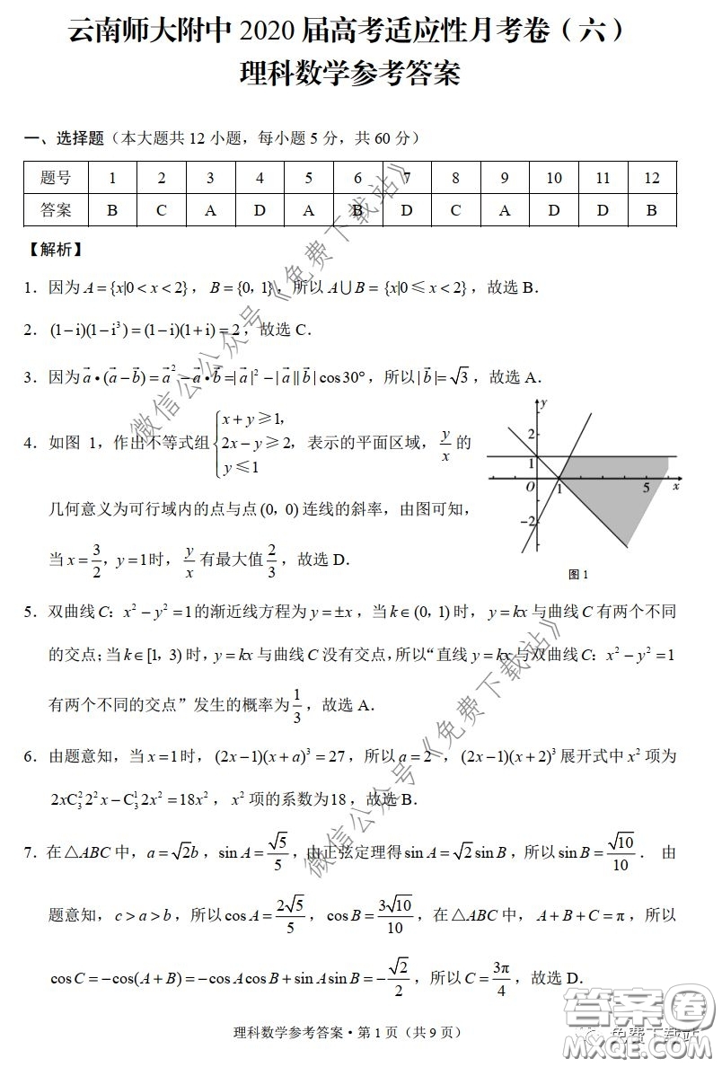 云南師大附中2020屆高考適應(yīng)性月考卷六理科數(shù)學(xué)試題及答案