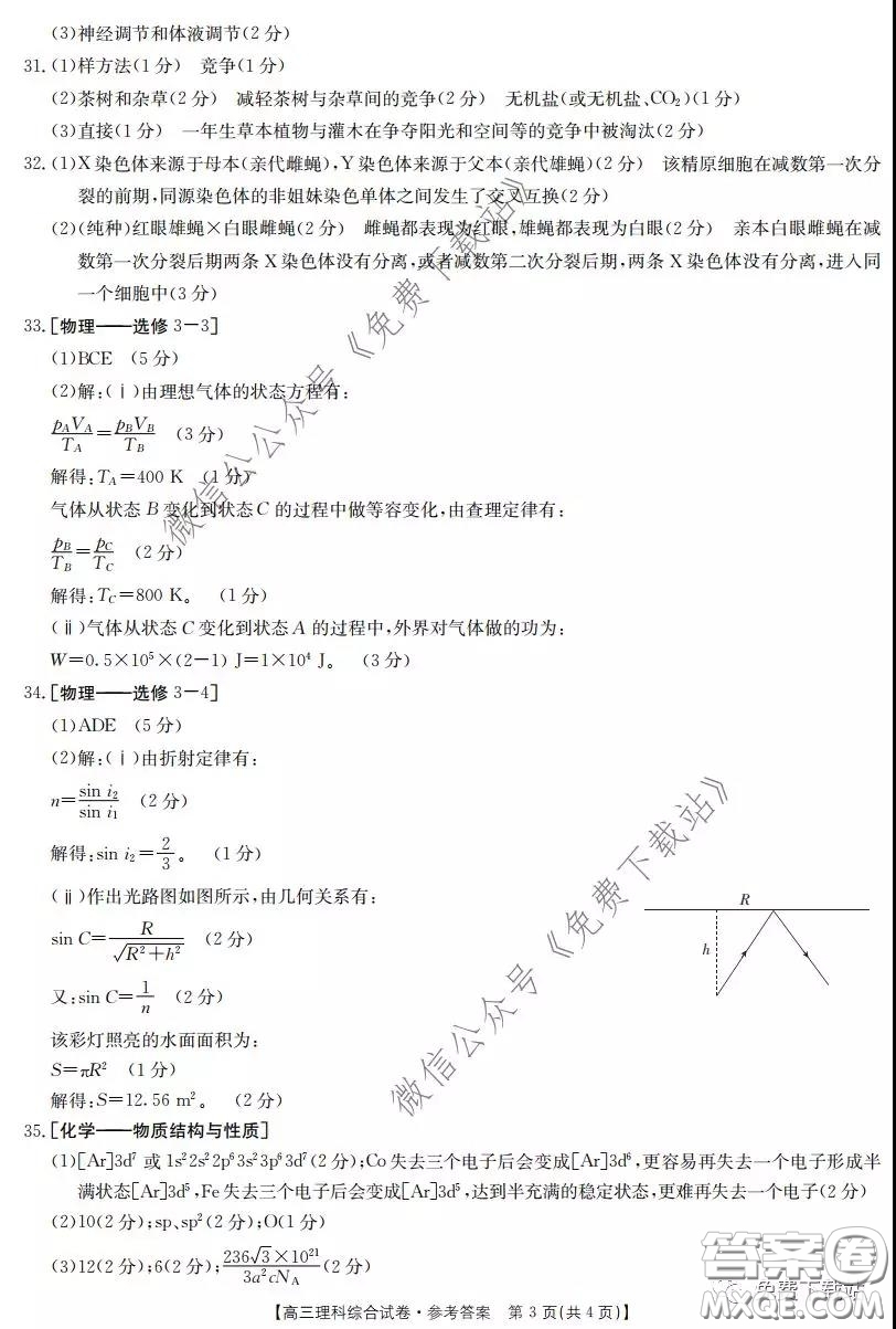 2020屆陜西甘肅金太陽高三3月聯(lián)考理科綜合答案