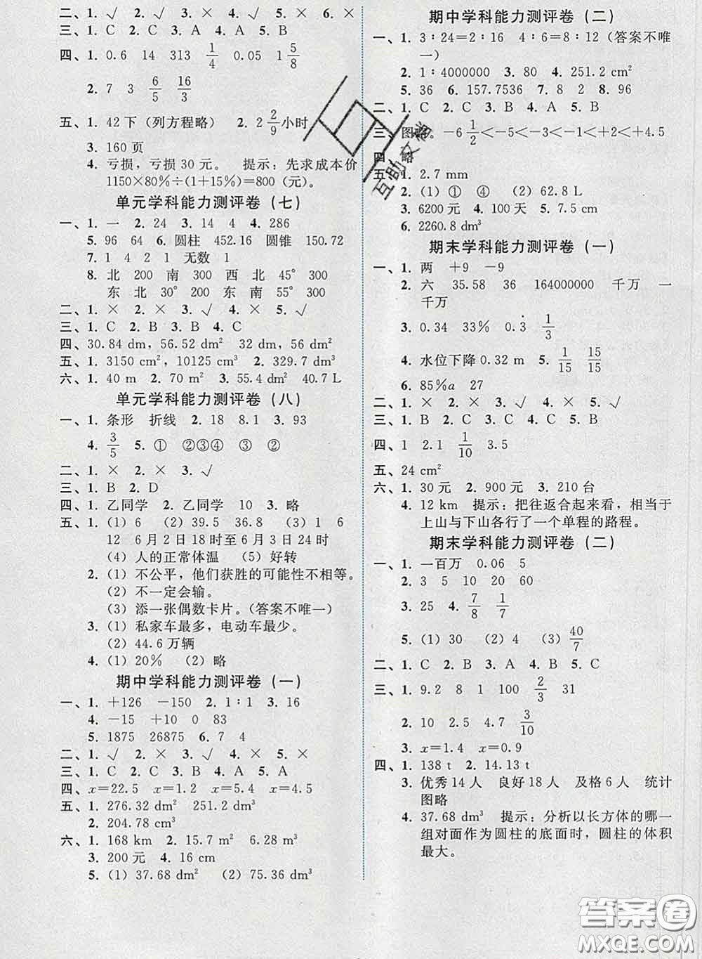 2020春能力培養(yǎng)與測試六年級數(shù)學下冊人教版湖南專版答案